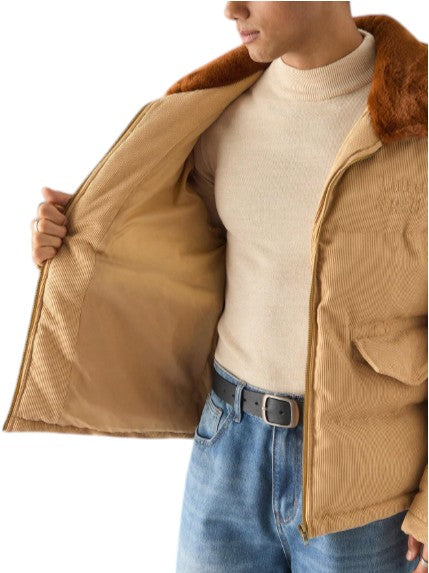 Men’s Beige Textured Puffer Jacket with Faux Fur Collar