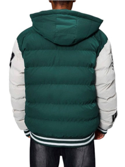 Men’s Stylish Green and White Varsity Puffer Jacket Winters