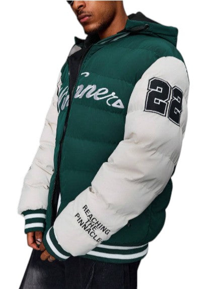 Men’s Stylish Green and White Varsity Puffer Jacket Winters