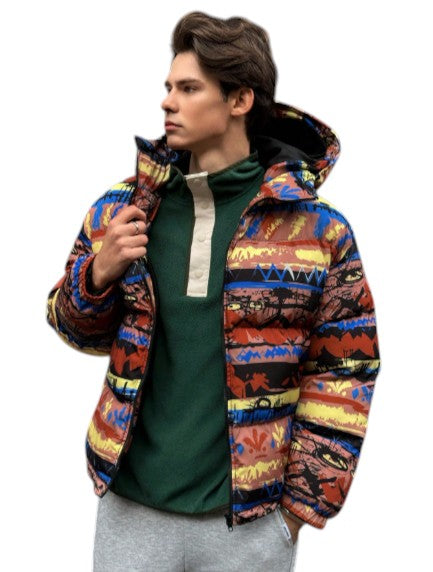Men’s Warm Multicolor Hooded Printed Puffer Jacket