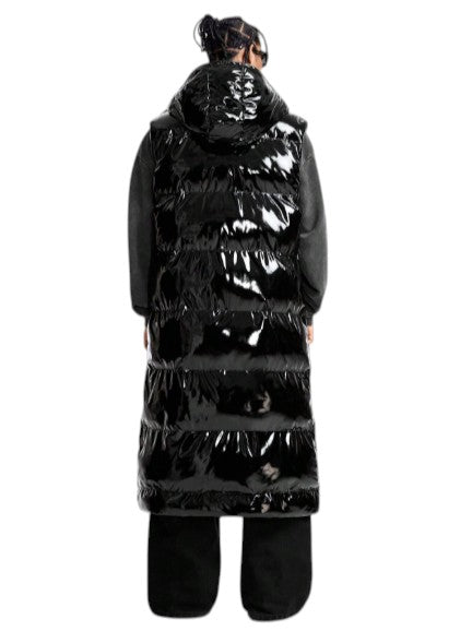 Men’s Longline Black Puffer Vest  Glossy Hooded Winter Gilet