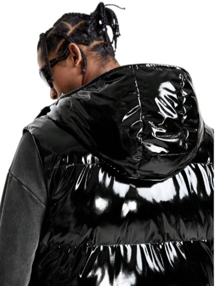 Men’s Longline Black Puffer Vest  Glossy Hooded Winter Gilet