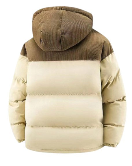 Men’s Beige & Brown Hooded Puffer Warm Quilted Winter Jacket