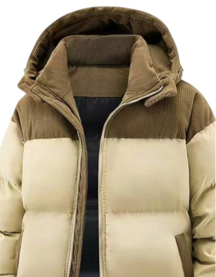 Men’s Beige & Brown Hooded Puffer Warm Quilted Winter Jacket
