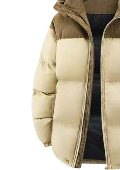 Men’s Beige & Brown Hooded Puffer Warm Quilted Winter Jacket