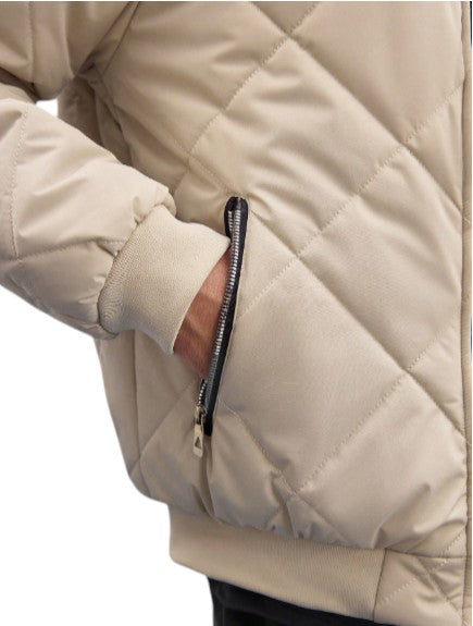 Men’s Beige Quilted Bomber Jacket Diamond Stitch Zip-Up Jacket