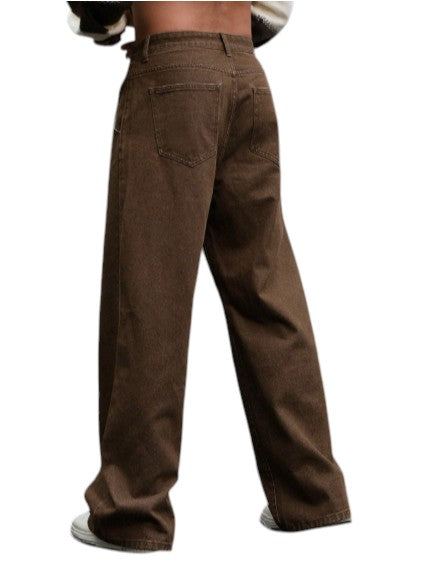 Men’s Brown Wide Leg Relaxed Fit Casual Denim Pants
