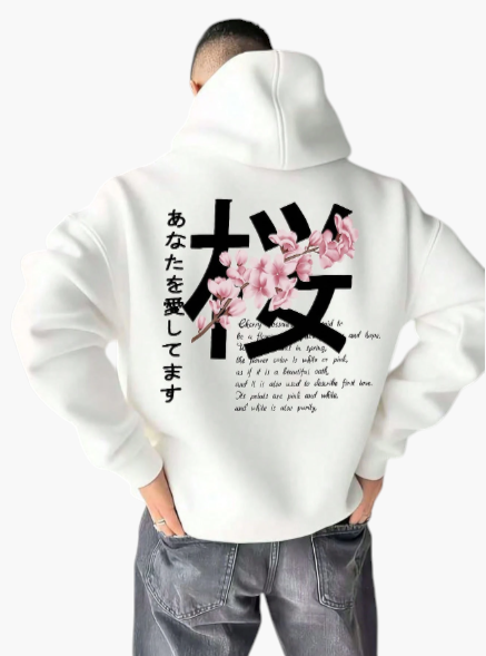 Men’s Black Sakura Graphic Pullover Warm Hoodie