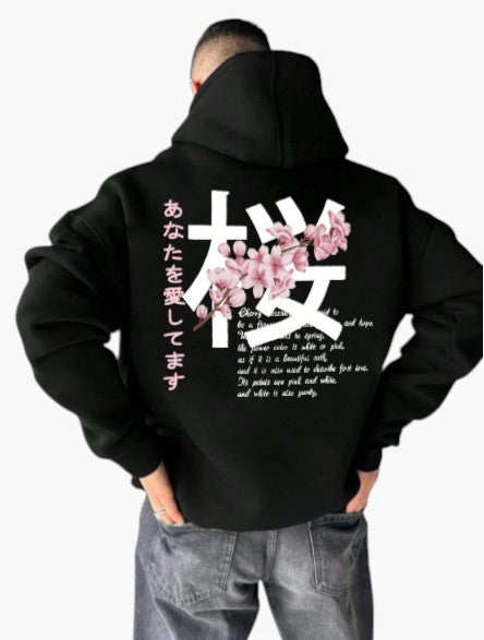 Men’s Black Sakura Graphic Pullover Warm Hoodie
