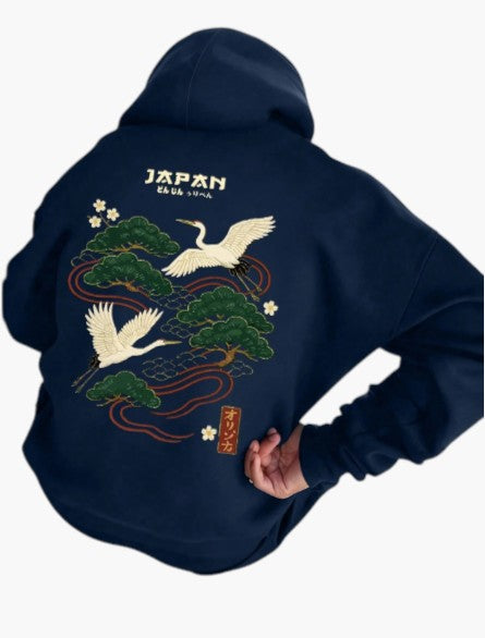 Navy Blue Japanese Tree Graphic Pullover Hoodie for Men