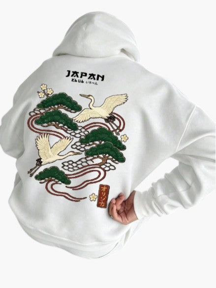 Navy Blue Japanese Tree Graphic Pullover Hoodie for Men