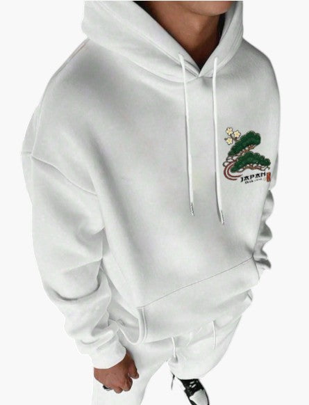 Navy Blue Japanese Tree Graphic Pullover Hoodie for Men