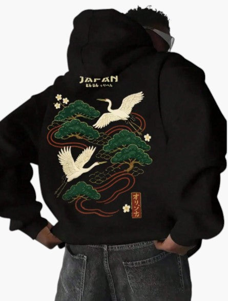 Navy Blue Japanese Tree Graphic Pullover Hoodie for Men