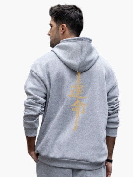 White Japanese Character Pullover Hoodie for Men