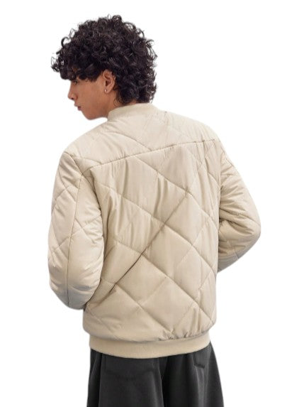 Men’s Beige Quilted Bomber Jacket Diamond Stitch Zip-Up Jacket