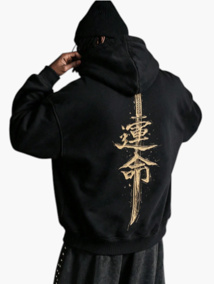 White Japanese Character Pullover Hoodie for Men
