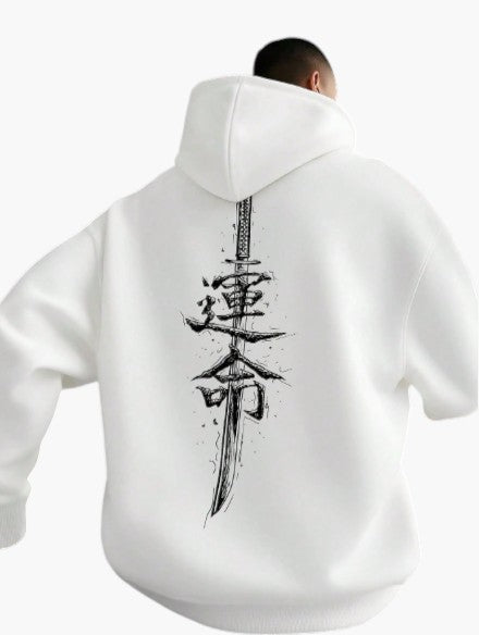 White Japanese Character Pullover Hoodie for Men
