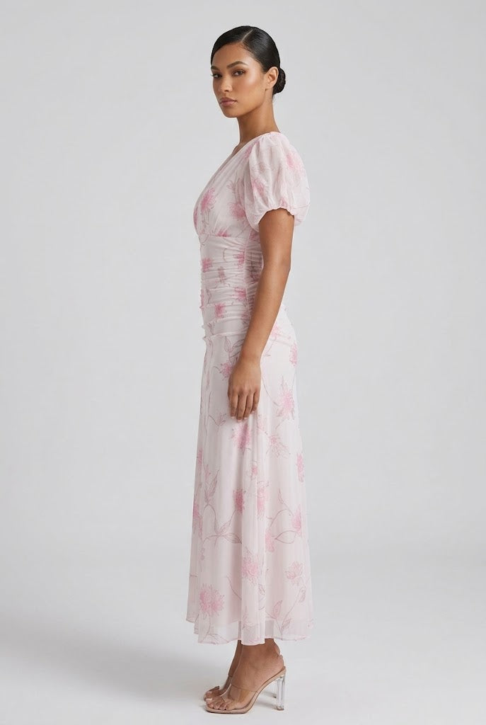Women's Elegant Peony Floral Mesh Maxi Vacation Dress