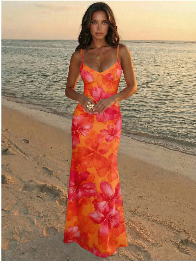 Spaghetti Strap Lace Up Bodycon Maxi Dress Women's Vacation Print Holidays Dress