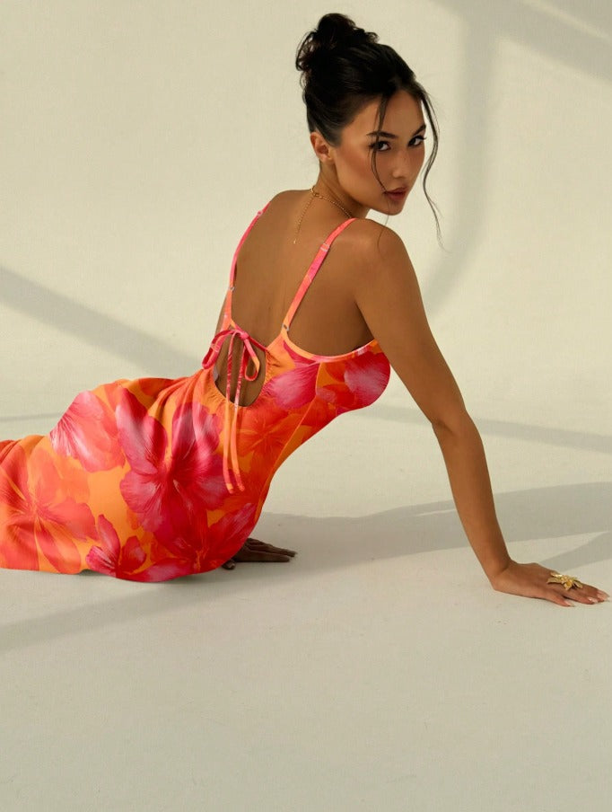 Spaghetti Strap Lace Up Bodycon Maxi Dress Women's Vacation Print Holidays Dress