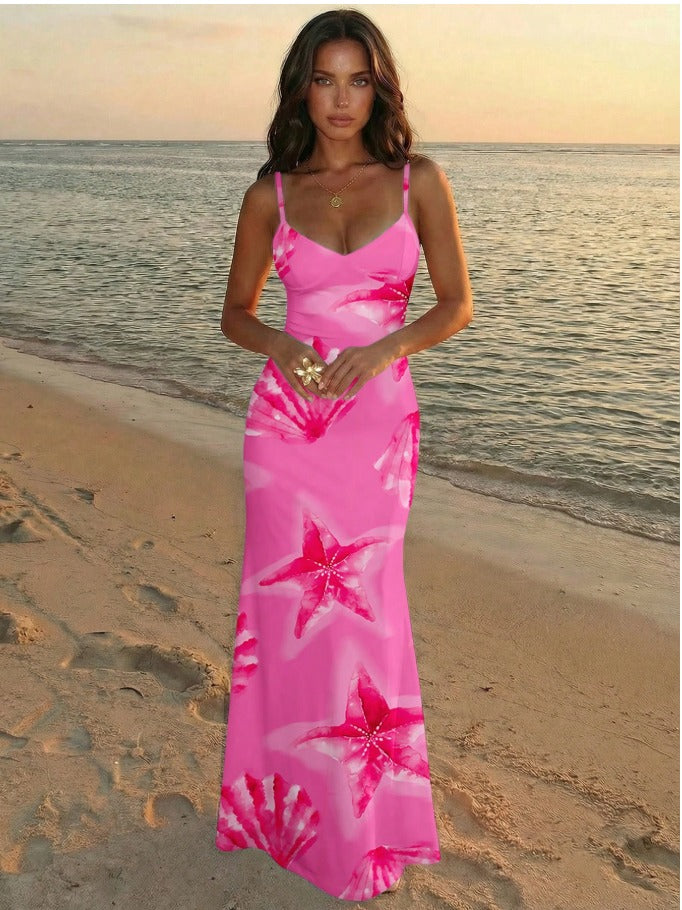Spaghetti Strap Lace Up Bodycon Maxi Dress Women's Vacation Print Holidays Dress