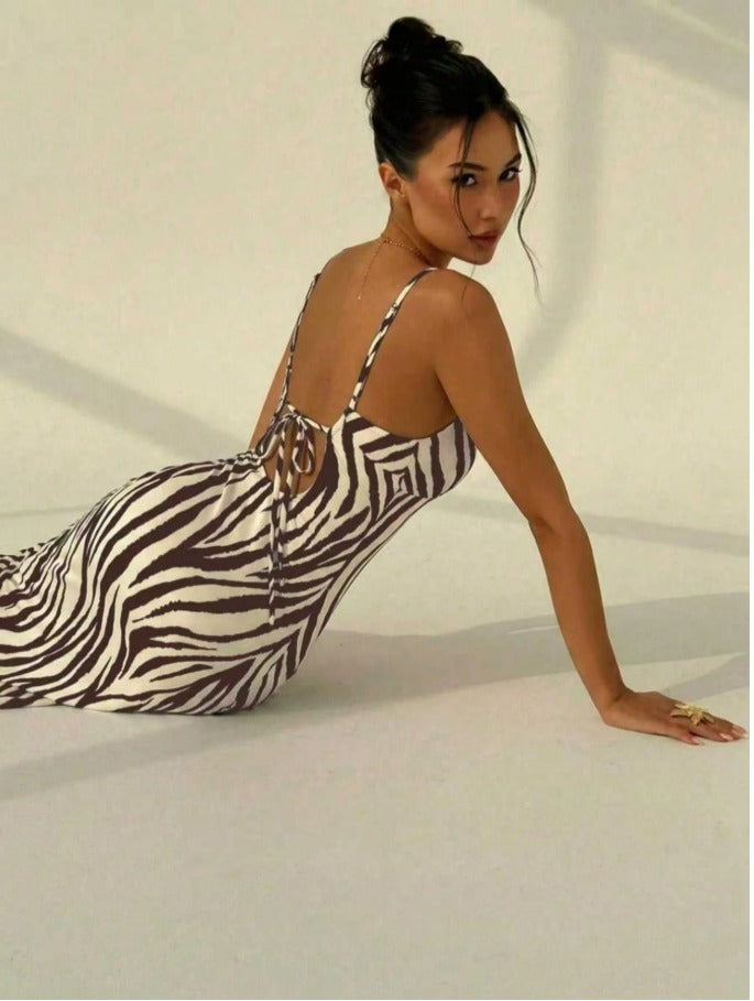 Spaghetti Strap Lace Up Bodycon Maxi Dress Women's Vacation Print Holidays Dress