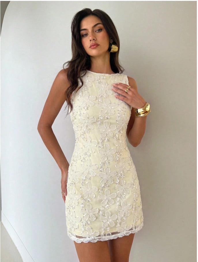 Chiffon Embroidered Backless Bandage Mini Dress Women's A Line Bodycon Dress
