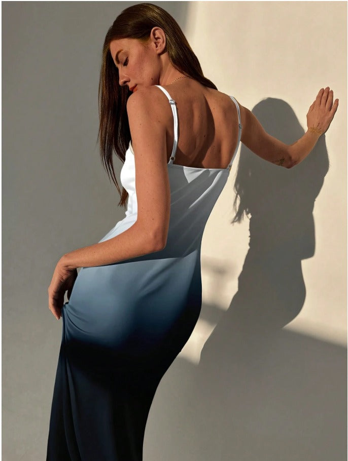 Draped Neck Ombre Bodycon Slip Dress Women's Fitted MidLength Maxi Dress