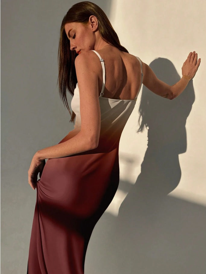 Draped Neck Ombre Bodycon Slip Dress Women's Fitted MidLength Maxi Dress