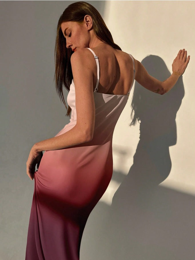 Draped Neck Ombre Bodycon Slip Dress Women's Fitted MidLength Maxi Dress