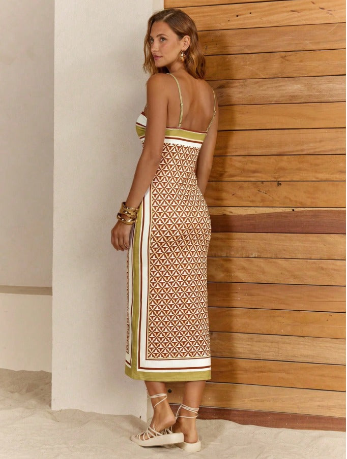 Khaki Leaf Print Twist Waist Midi Dress Women's Elegant Resort & Occasion Cami Dress