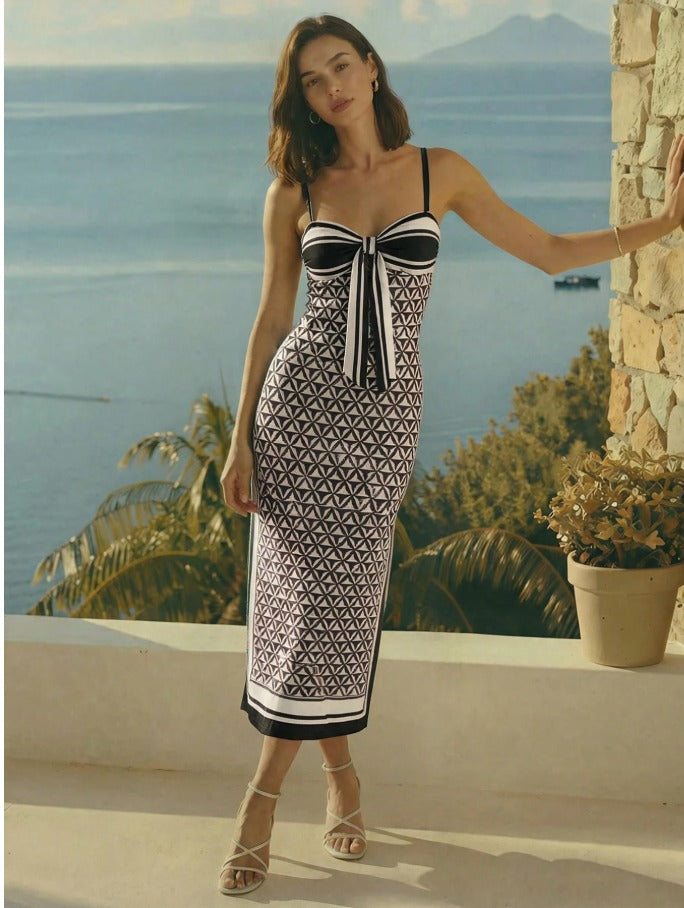 Khaki Leaf Print Twist Waist Midi Dress Women's Elegant Resort & Occasion Cami Dress