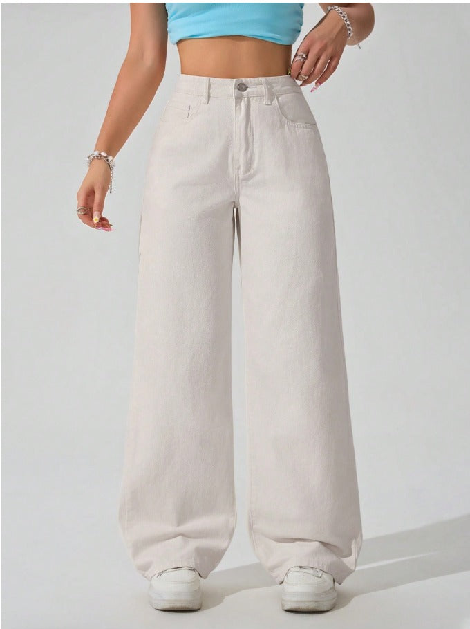 Color Pocket Wide Leg Jeans Women's Casual Loose Fit Denim