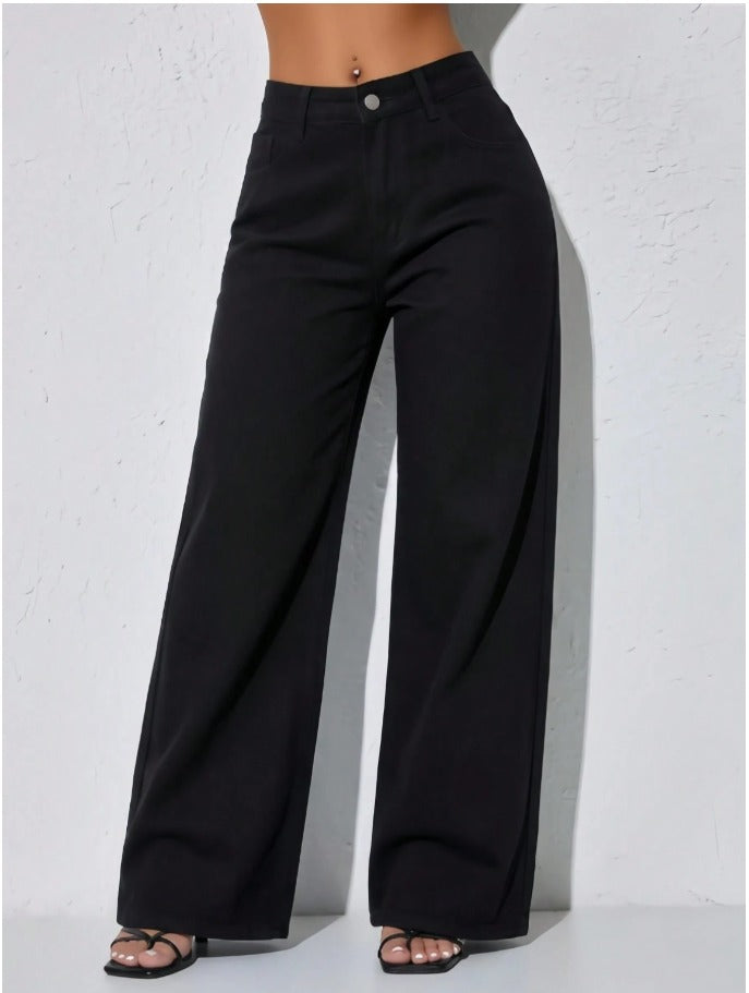 Low-Waist Wide-Leg Curved Jeans – Women's Casual Slant Pocket Denim