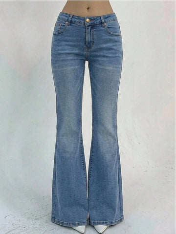 Low Rise Flare Jeans Women's Front Button Pocket Retro Denim