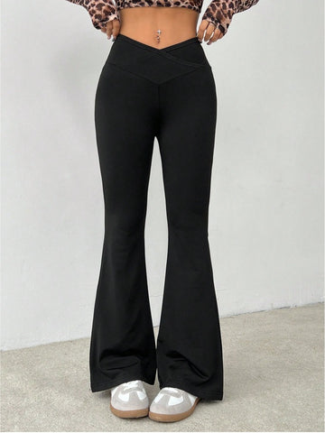 Petite Wrap High Waist Flared Pants Women's Simple Solid Color Trousers