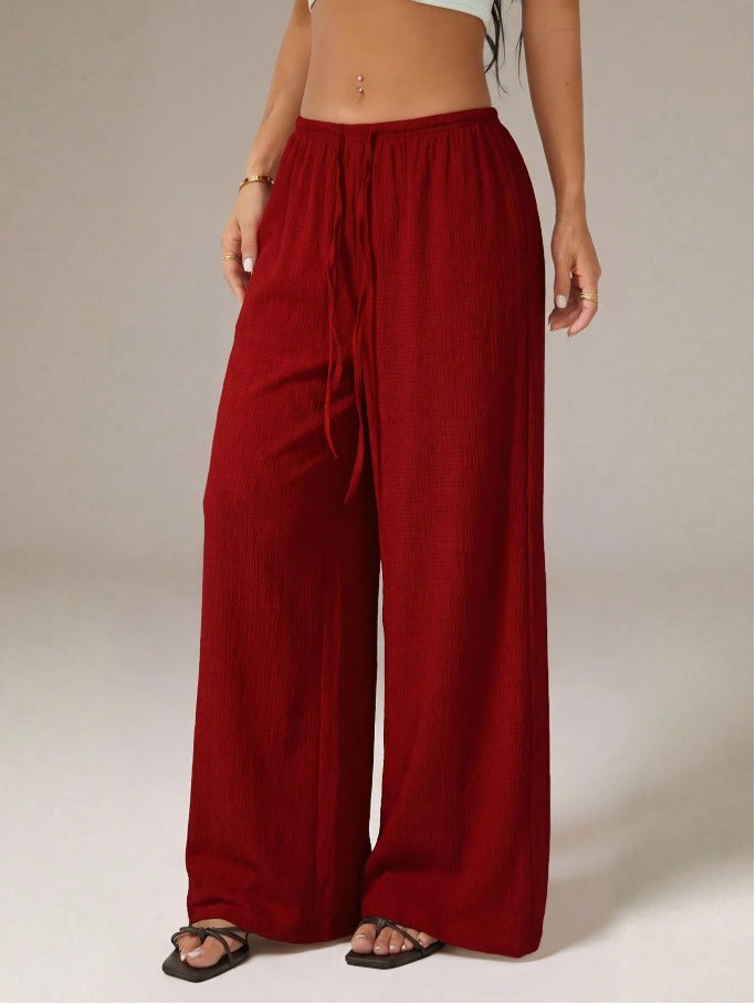Petite Tie Waist Wide Leg Pants Women's Casual Beach & Lounge Trousers