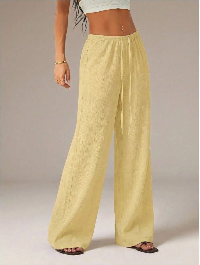 Petite Tie Waist Wide Leg Pants Women's Casual Beach & Lounge Trousers