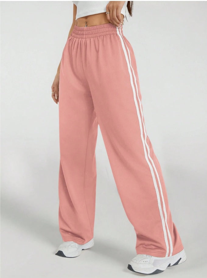 Petite Elastic Waist Wide Leg Sweatpants Women's Side Striped Casual Joggers