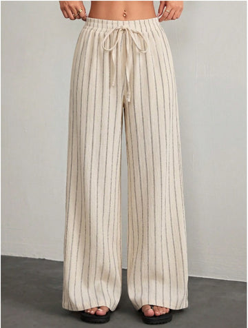 Petite Drawstring Waist Loose Pants Women's Solid Color Crepe Trousers