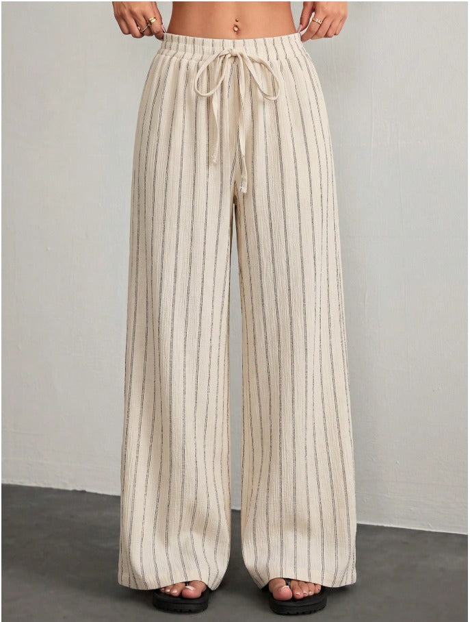 Petite Drawstring Waist Loose Pants Women's Solid Color Crepe Trousers