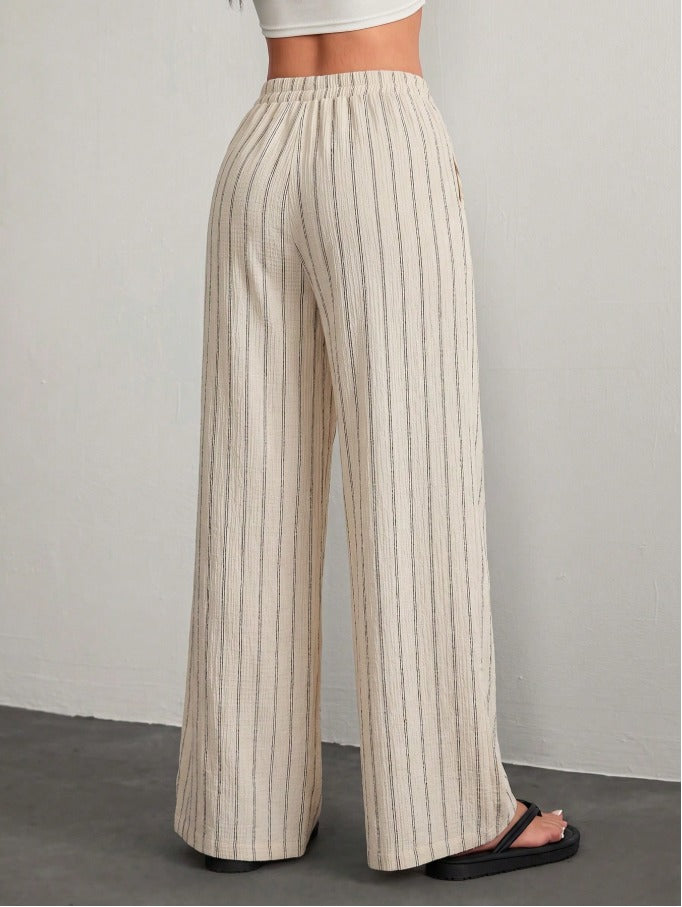 Petite Drawstring Waist Loose Pants Women's Solid Color Crepe Trousers