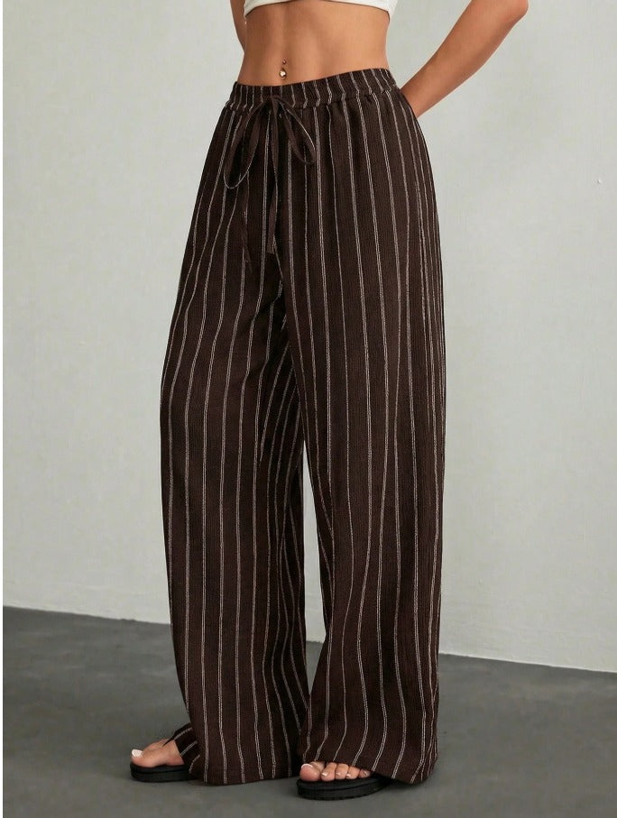 Petite Drawstring Waist Loose Pants Women's Solid Color Crepe Trousers