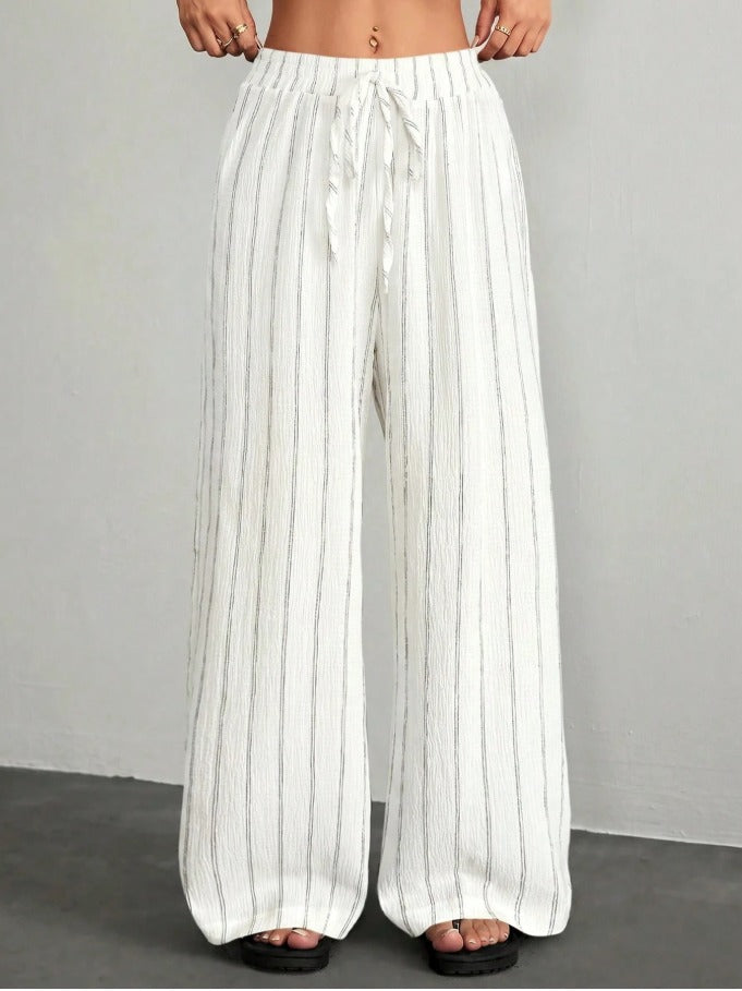 Petite Drawstring Waist Loose Pants Women's Solid Color Crepe Trousers