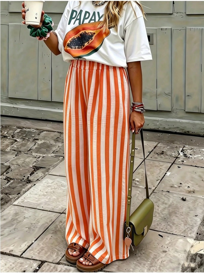 Striped Woven Wide Leg Beach Pants Women's Holiday & Resort Wear Trousers