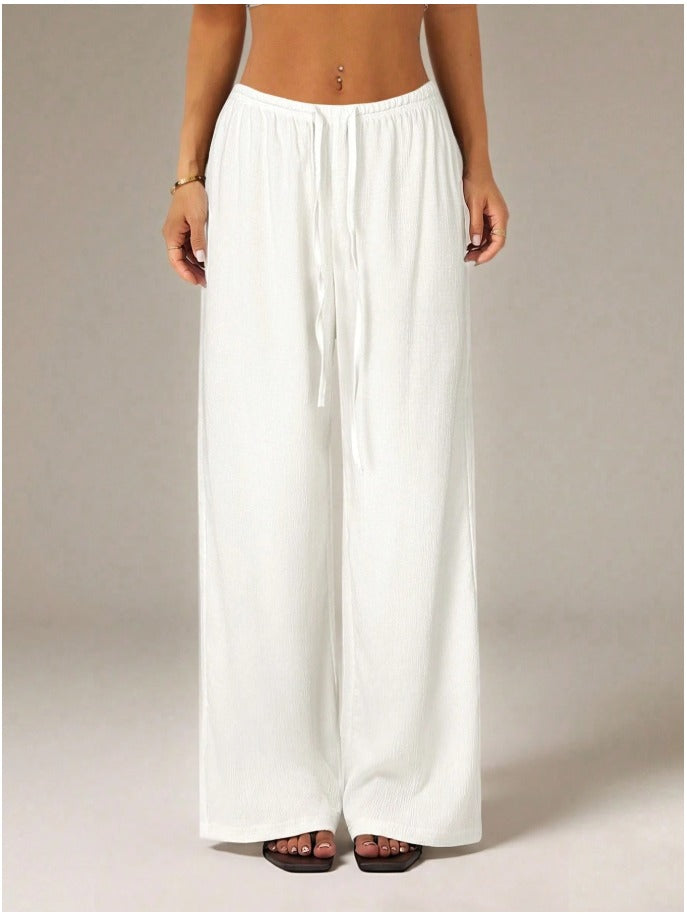 Petite Tie Waist Wide Leg Pants Women's Casual Beach & Lounge Trousers