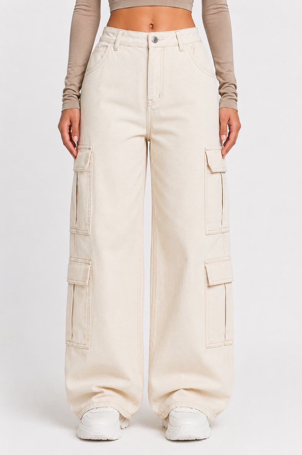 Women's Wide Leg Cargo Jeans High Waist Pocketed Utility Denim Pants