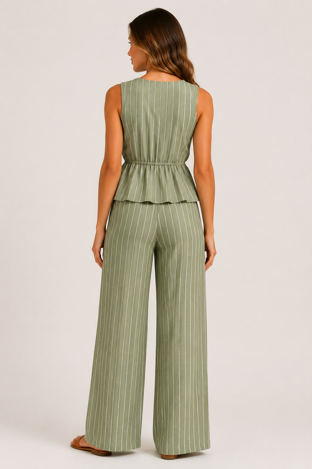 Striped Deep V-Neck Pleated Top & Wide Leg Pants Co-Ord Set Casual Beach Holiday Two Piece Outfit
