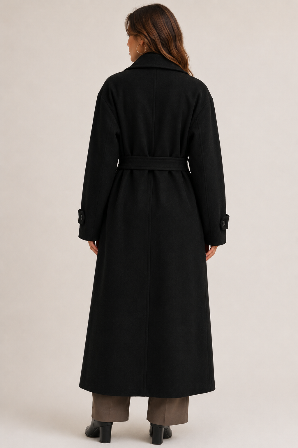 Women's Oversized Wool Blend Belted Long Overcoat Elegant Winter Autumn Trench Coat with Lapel Collar, Long Sleeve Casual Office Jacket