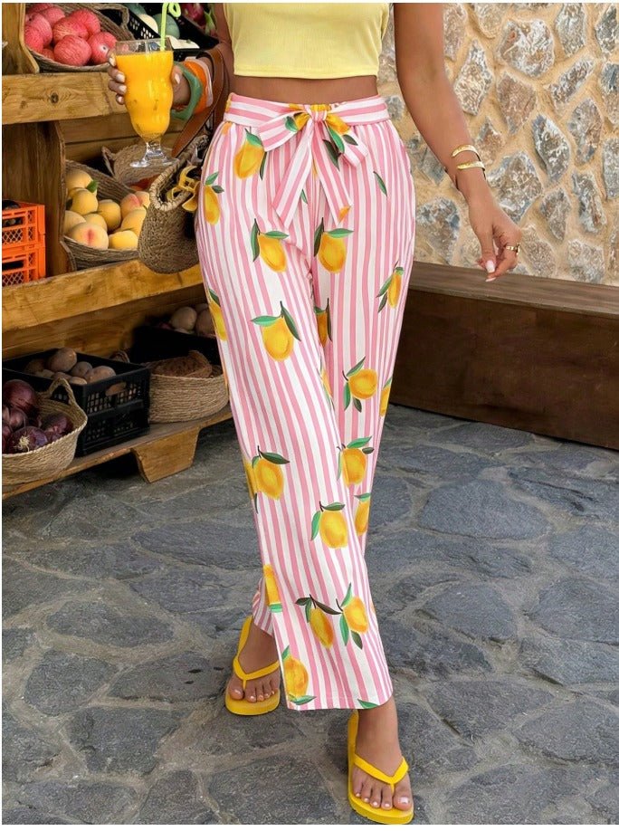 Allover Print Belted Wide Leg Pants Women's Casual Vacation Trousers - Edin London